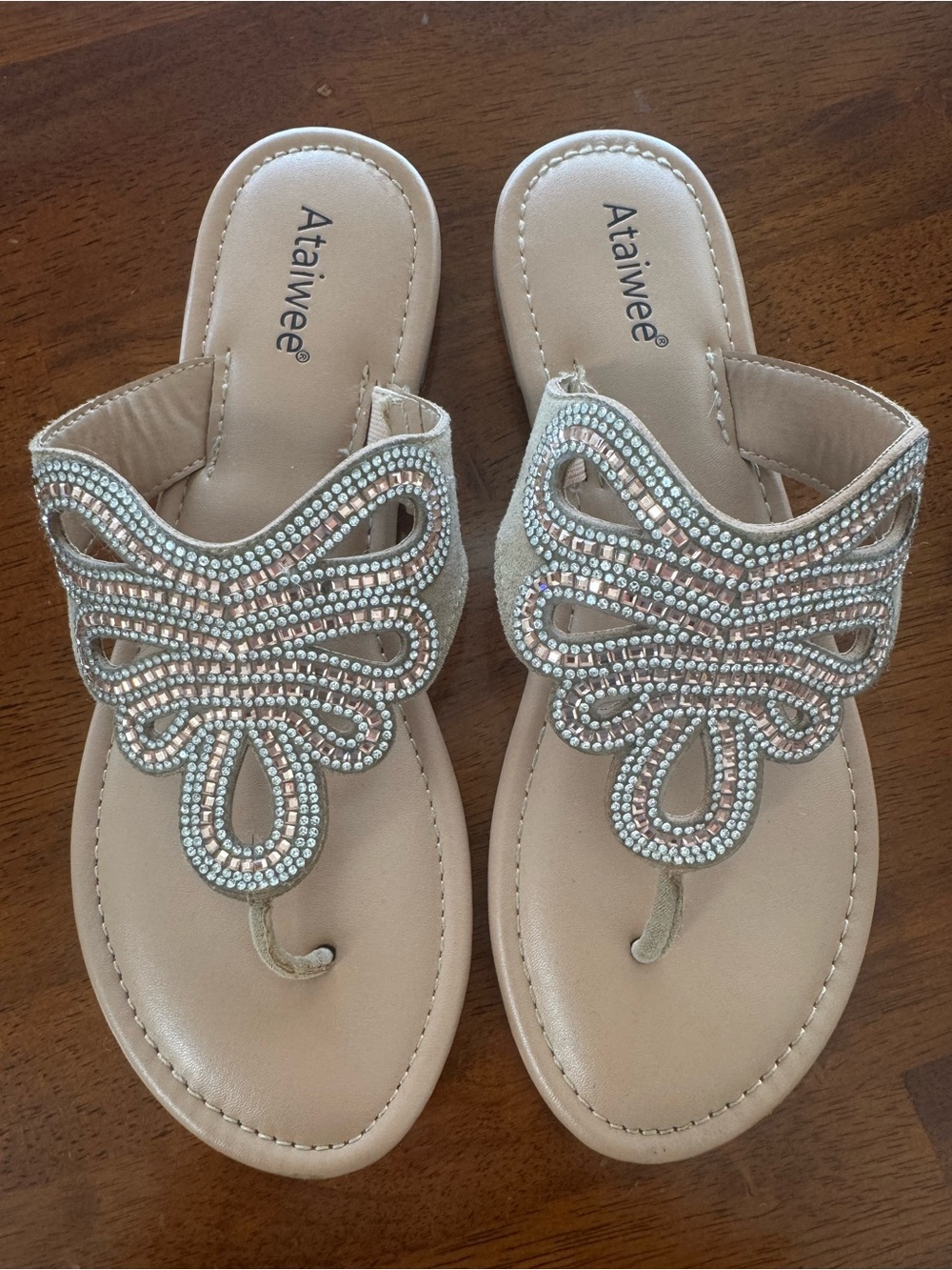 Ataiwee Women's Bejeweled Beige Thong Sandals